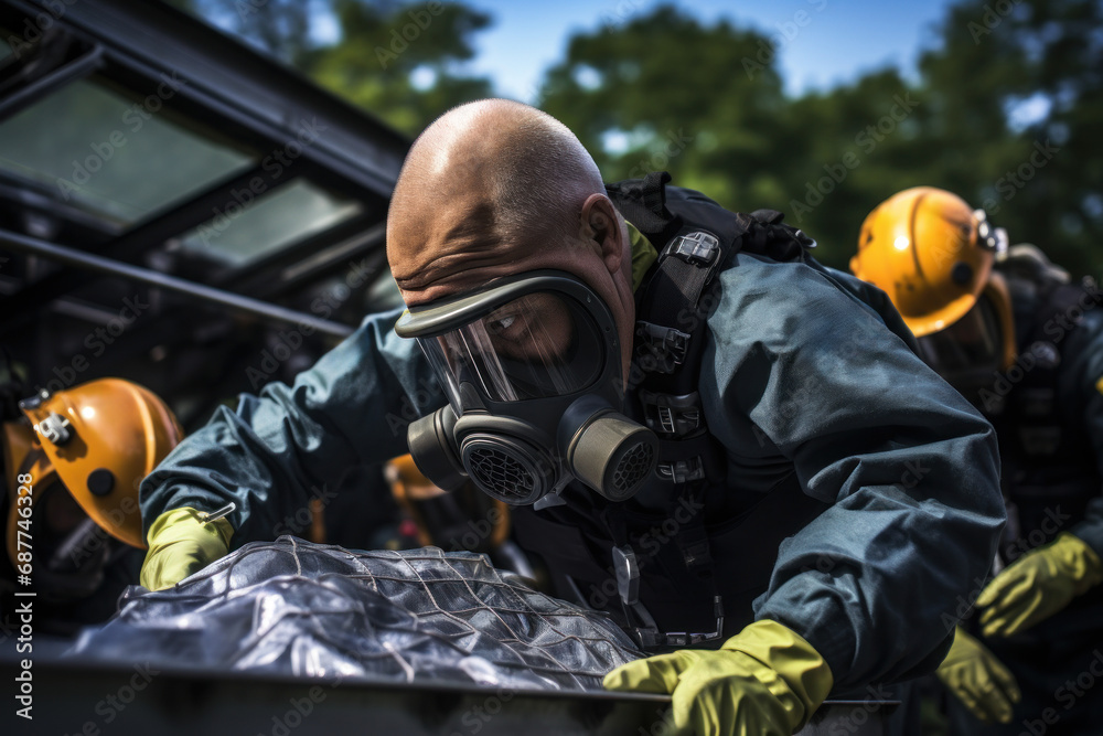 A mock-up of a nuclear emergency response drill, demonstrating the preparedness and coordination required in the event of unforeseen incidents. Generative Ai. A mock-up of a nuclear emergency response drill, demonstrating the preparedness and coordination required in the event of unforeseen incidents. Generative Ai.