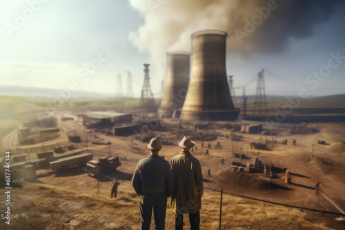A historical photo capturing the construction of the world's first nuclear power plant, marking a milestone in the development of atomic energy. Concept of nuclear energy history. Generative Ai. photo