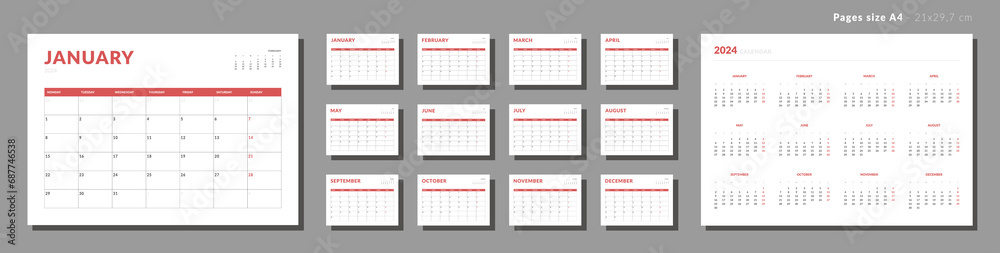 Set of Monthly pages Calendar Planner Templates 2024. Vector layout of a wall or desk simple calendar with week start Monday. Calendar grid in black color for print. Pages for size A4 or 21x29.7 cm Set of Monthly pages Calendar Planner Templates 2024. Vector layout of a wall or desk simple calendar with week start Monday. Calendar grid in black color for print. Pages for size A4 or 21x29.7 cm