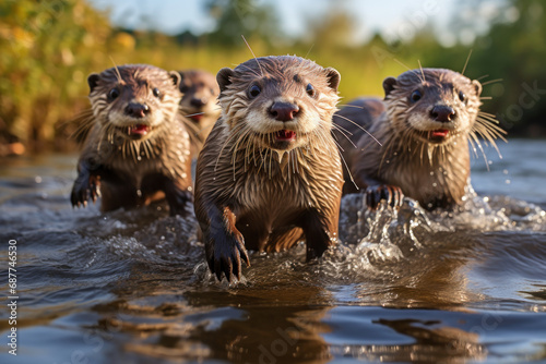 A playful group of otters frolicking in a freshwater stream, illustrating the joyful and social aspects of certain wildlife species. Concept of the lighter side of animal behavior. Generative Ai. © Sebastian