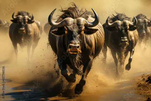 A herd of wildebeests embarking on their annual migration across the plains, showcasing the perseverance and instinct-driven movements of wildlife.  Generative Ai. © Sebastian