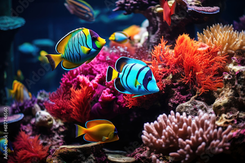 A colorful array of tropical fish navigating through a coral garden  highlighting the intricate beauty of underwater ecosystems. Concept of the diversity and fragility of marine life. Generative Ai.