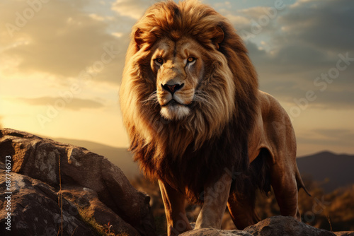 A regal lion surveying its territory from a rocky outcrop, embodying the majesty and strength associated with apex predators. Concept of the role of predators in ecosystem balance. Generative Ai.