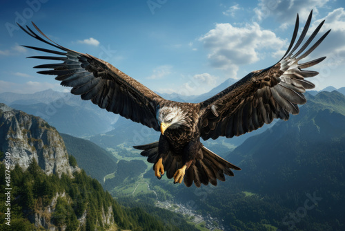 A soaring eagle against a mountainous backdrop, symbolizing freedom and the ability of certain species to thrive in challenging environments. Concept of wildlife resilience. Generative Ai.