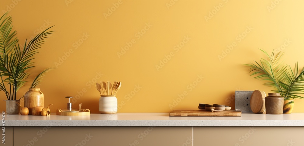 A modern kitchen countertop adorned with stylish bamboo utensils against a backdrop of lively gold walls in a tropical theme. A modern kitchen countertop adorned with stylish bamboo utensils against a backdrop of lively gold walls in a tropical theme.