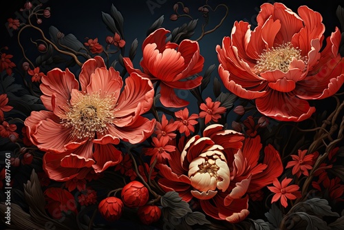Red flowers in Japanese style. Japanese style illustration © Konstantin