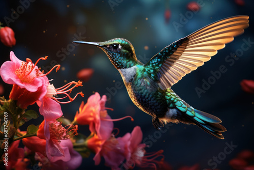 A vibrant hummingbird sipping nectar from a flower, showcasing the intricate relationships between pollinators and flowering plants. Concept of hummingbirds and floral ecosystems. Generative Ai.