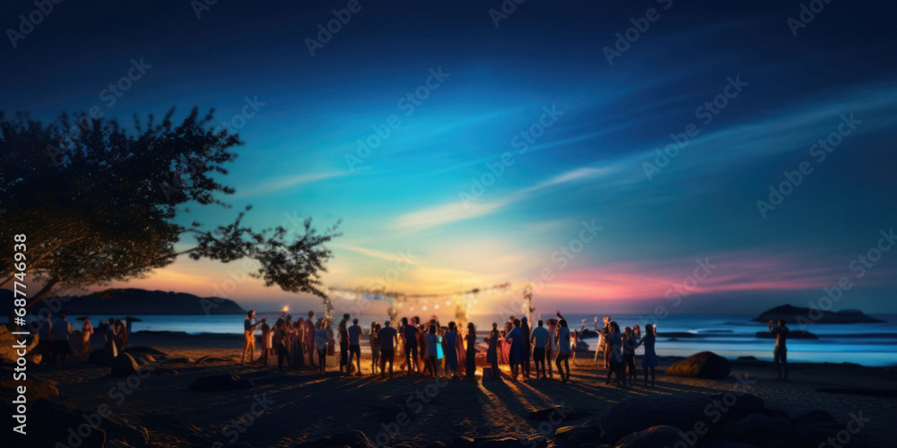 Twilight beach dance party in Brazil, Rio De Janeiro, with beautiful dusk tropical skies and hanging lightbulbs, in a tropical setting Twilight beach dance party in Brazil, Rio De Janeiro, with beautiful dusk tropical skies and hanging lightbulbs, in a tropical setting