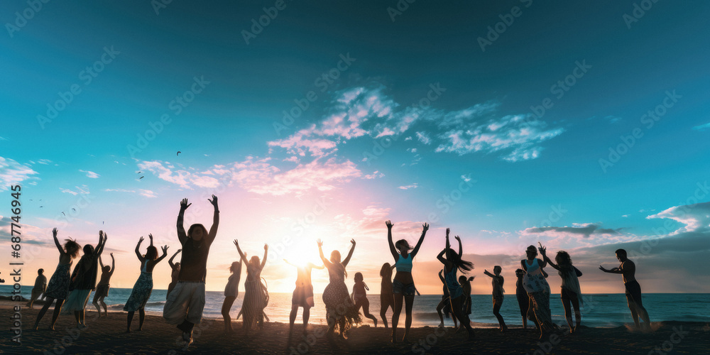 Fototapeta premium Twilight beach dance party in Brazil, Rio De Janeiro, with beautiful dusk tropical skies and hanging lightbulbs, in a tropical setting