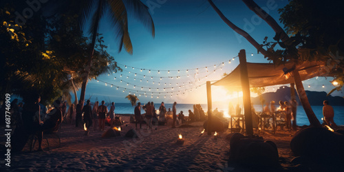 Twilight beach dance party in Brazil, Rio De Janeiro, with beautiful dusk tropical skies and hanging lightbulbs, in a tropical setting photo