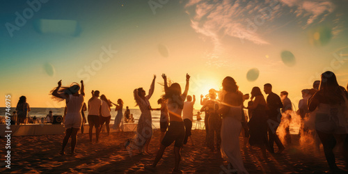 Twilight beach dance party in Brazil  Rio De Janeiro  with beautiful dusk tropical skies and hanging lightbulbs  in a tropical setting