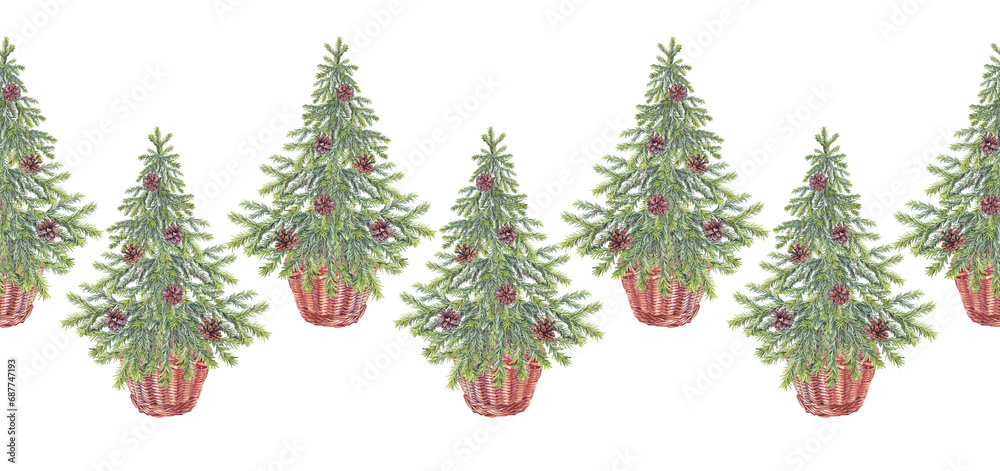 Seamless rim with watercolor green christmas tree with pine cone and basket on white background. Forest evergreen fir for pattern or card. Hand-drawn border for new year celebration or wrapping