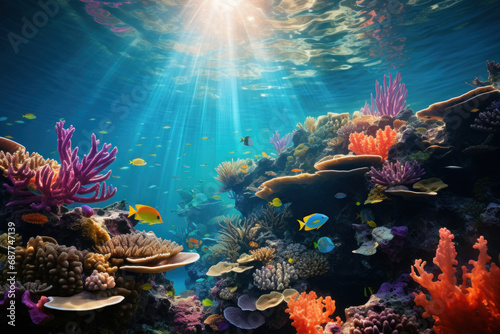 Iridescent waves, ablaze with the vibrant hues of a coral reef beneath the surface, create a living masterpiece of color and light.  Generative Ai. photo