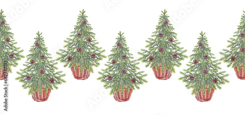 Seamless rim with watercolor green christmas tree with pine cone and basket on white background. Forest evergreen fir for pattern or card. Hand-drawn border for new year celebration or wrapping