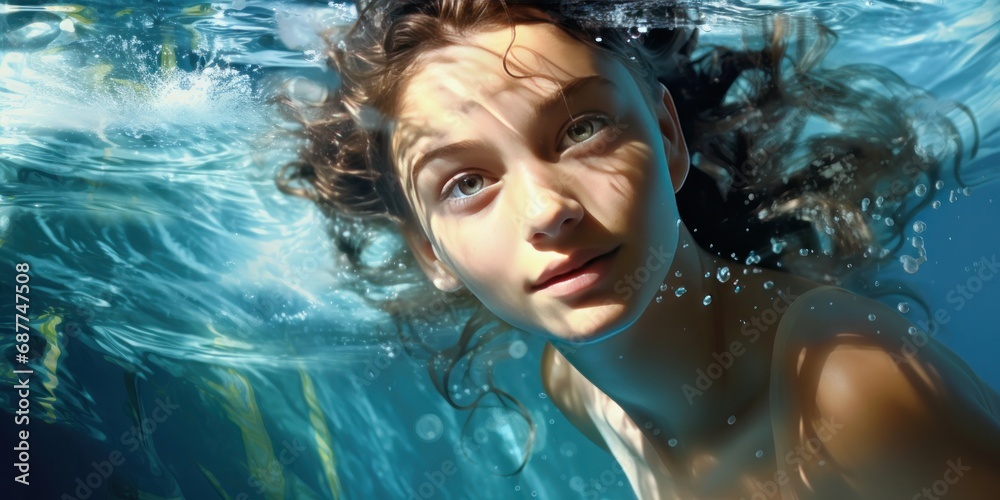 underwater girl with portrait, water and wave backgrounds, generative AI underwater girl with portrait, water and wave backgrounds, generative AI