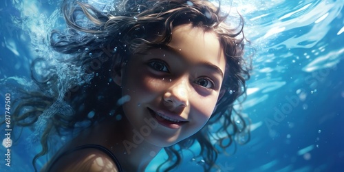 underwater girl with portrait, water and wave backgrounds, generative AI