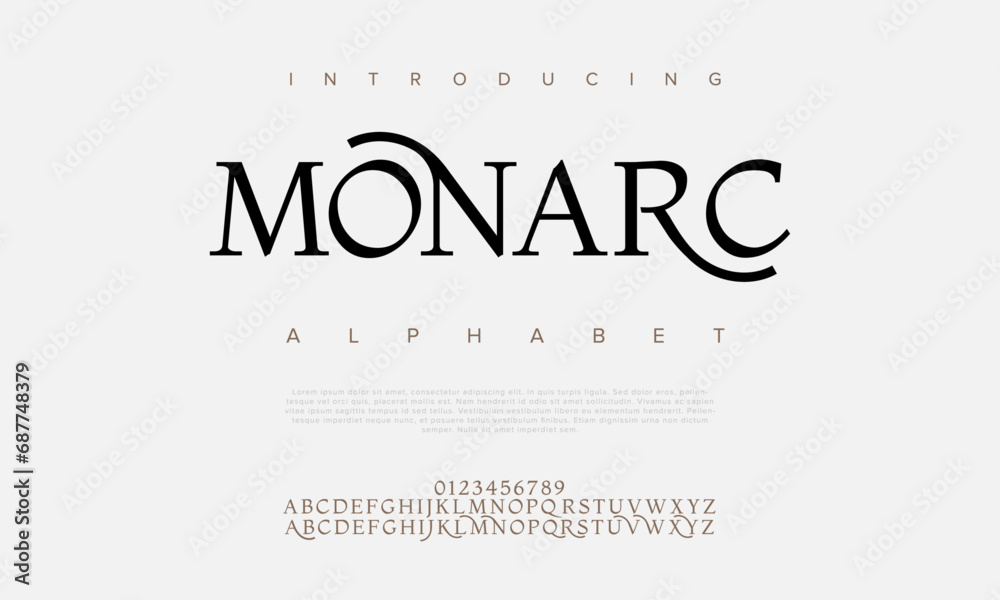 Monarc premium luxury elegant alphabet letters and numbers. Elegant wedding typography classic serif font decorative vintage retro. Creative vector illustration