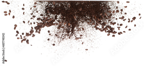 Coffee powder mix bean fly explosion, Coffee crushed mix seed float explode, abstract cloud fly. Coffee dust powder bean splash throwing in Air. White background Isolated high speed shutter, freeze