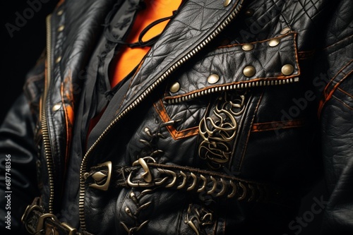 close up of black leather jacket