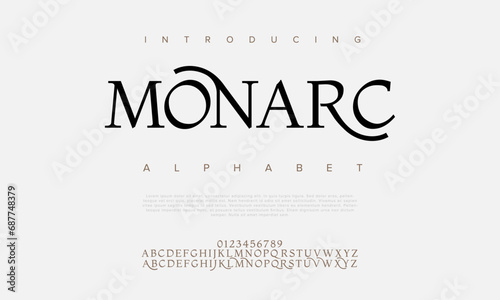 Monarc premium luxury elegant alphabet letters and numbers. Elegant wedding typography classic serif font decorative vintage retro. Creative vector illustration