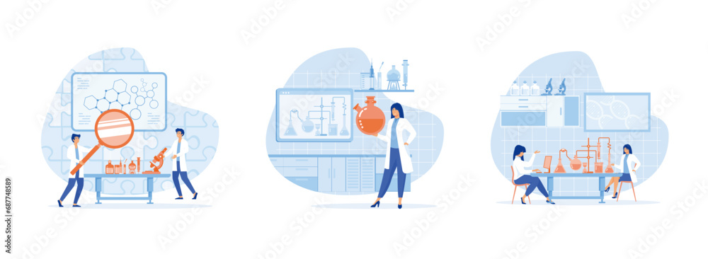 Naklejka premium Scientists in lab. Experimental scientist. Doctors and chemical researchers working and analysis in laboratory experiment. Laboratory scientist set flat vector modern illustration 