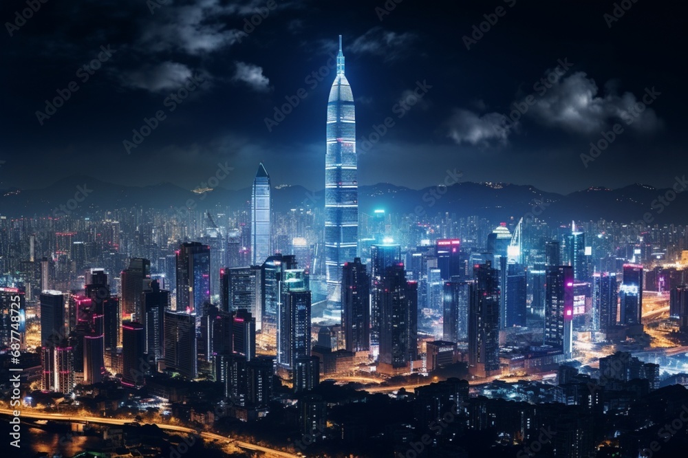 Panoramic view of a bustling city skyline at night
