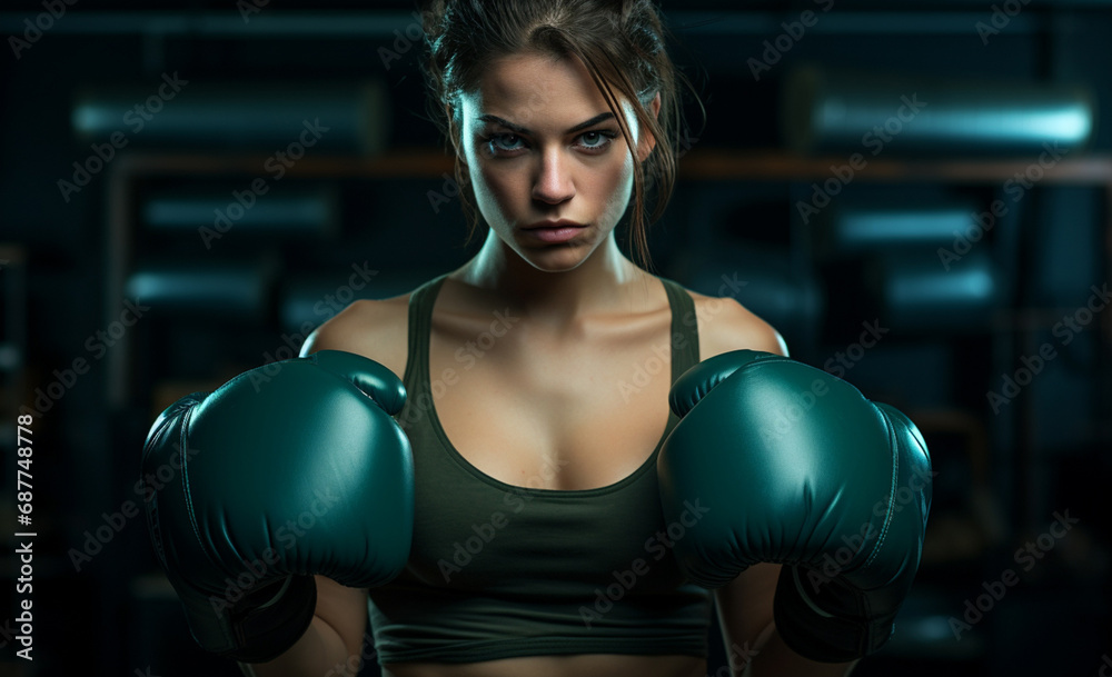 display of strength and self-care, a fit woman wears green boxing gloves, embodying the fusion of fitness and personal defense training in a captivating portrait. Generative AI. display of strength and self-care, a fit woman wears green boxing gloves, embodying the fusion of fitness and personal defense training in a captivating portrait. Generative AI.