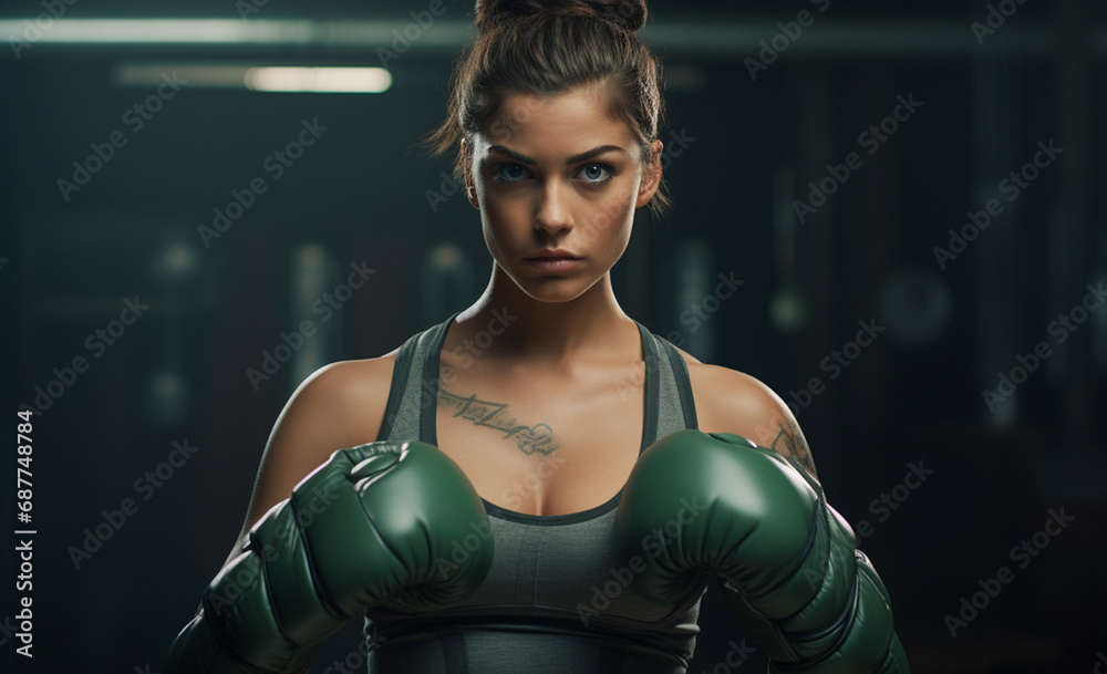 display of strength and self-care, a fit woman wears green boxing gloves, embodying the fusion of fitness and personal defense training in a captivating portrait. Generative AI.