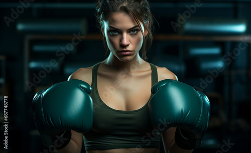 display of strength and self-care, a fit woman wears green boxing gloves, embodying the fusion of fitness and personal defense training in a captivating portrait. Generative AI. © Surachetsh