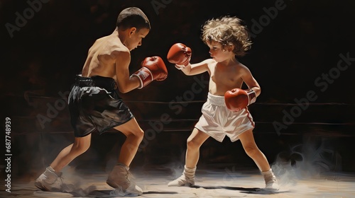 toddlers engaging in a boxing match  displaying remarkable attitude and character despite their young age. The scene highlights the unexpected strength and determination in youth. Generative AI.