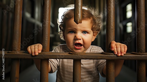A heart-wrenching image of a toddler behind bars, symbolizing the unjust punishment and confinement of children and the lack of space for expression and development in modern life. Generative AI photo