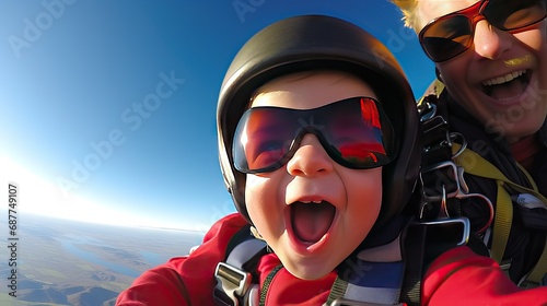 An exhilarating image captures a toddler skydiving, epitomizing the essence of action and courage at high altitudes, presenting a breathtaking and daring moment. Generative AI.