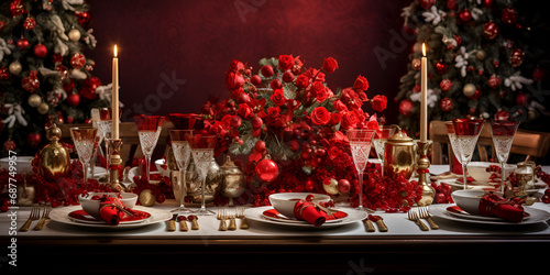 christmas decoration on the table, Top view of elegant and festive christmas table setting with decoration and ornaments mock up, Gold Christmas Tree Stock Photos, Elegant Christmas table setting, 