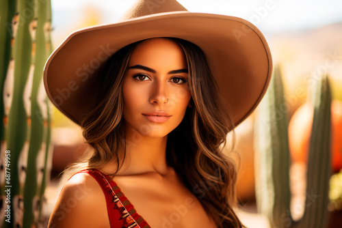 A portrait of a beautiful Mexican woman with curly hair, wearing a traditional hat, set against a backdrop of cacti and the desert in Mexico. Cinco de Mayo, Mexico’s defining moment 