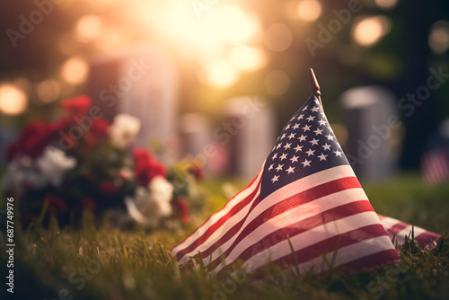 The American flag placed on the grave of a fallen soldier, a poignant tribute to their sacrifice. Memorial Day, remembering the fallen soldiers around the world. May 26