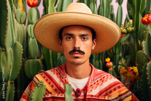 A portrait featuring a young strong and stylish Mexican man with curly hair, wearing a traditional hat, set against a background of cacti and the Mexican desert. Cinco de Mayo, Mexicos defining moment