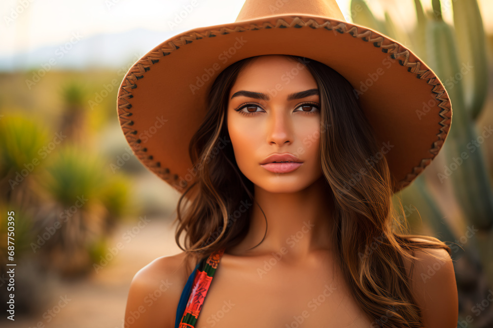 A portrait of a beautiful Mexican woman with curly hair, wearing a traditional hat, set against a backdrop of cacti and the desert in Mexico. Cinco de Mayo, Mexico’s defining moment
