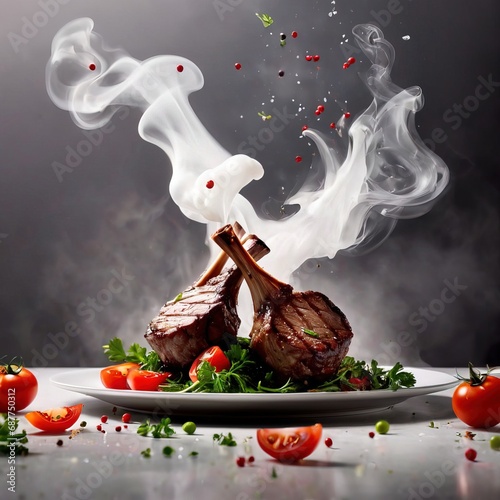 Grilled lamb chop, fresh mutton meat dish photo