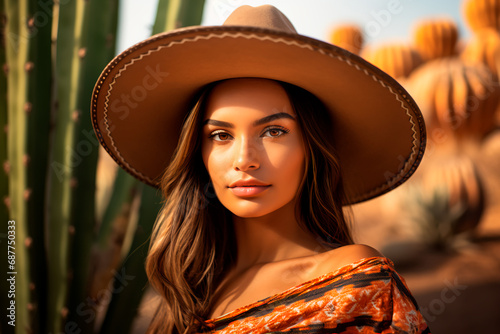 A portrait of a beautiful Mexican woman with curly hair, wearing a traditional hat, set against a backdrop of cacti and the desert in Mexico. Cinco de Mayo, Mexico’s defining moment 