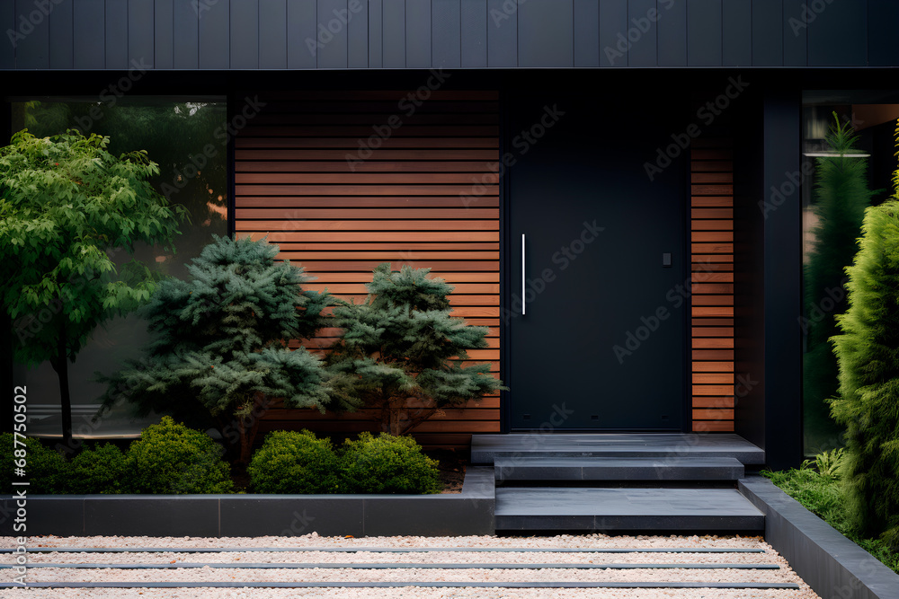 Fototapeta premium Main entrance door of a villa with Japanese minimalist style. Black panel walls and timber wood lining adorn the front door. The backyard features a beautiful landscape design. 