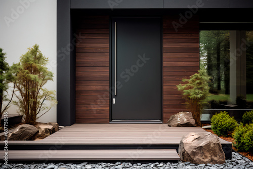 Main entrance door of a villa with Japanese minimalist style. Black panel walls and timber wood lining adorn the front door. The backyard features a beautiful landscape design.
