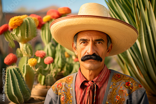 A portrait featuring a stereotypical image of a tanned Mexican man with a mustache, wearing a traditional Mexican hat, set against a backdrop of cacti and the desert in Mexico. Cinco de Mayo, Mexicos 