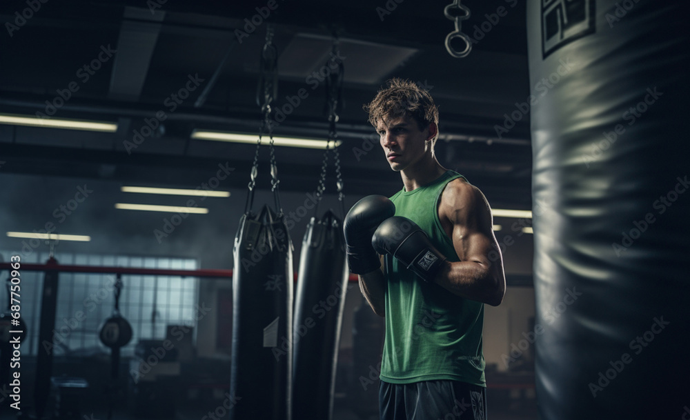 An athlete dons determined expression and green boxing glove, with dynamic lighting effect in background. This powerful image captures intensity and focus of boxer Generative AI. An athlete dons determined expression and green boxing glove, with dynamic lighting effect in background. This powerful image captures intensity and focus of boxer Generative AI.