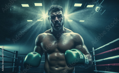 An athlete dons determined expression and green boxing glove, with dynamic lighting effect in background. This powerful image captures intensity and focus of boxer Generative AI. © Surachetsh