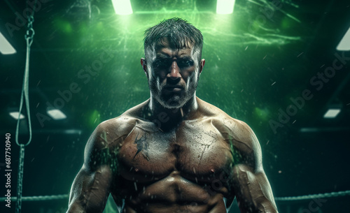 An athlete dons determined expression and green boxing glove, with dynamic lighting effect in background. This powerful image captures intensity and focus of boxer Generative AI.