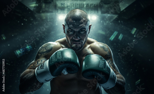 An athlete dons determined expression and green boxing glove, with dynamic lighting effect in background. This powerful image captures intensity and focus of boxer Generative AI. © Surachetsh