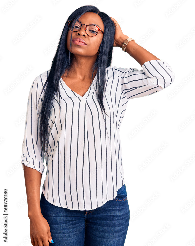 Young african american woman wearing casual clothes and glasses confuse and wondering about question. uncertain with doubt, thinking with hand on head. pensive concept. Young african american woman wearing casual clothes and glasses confuse and wondering about question. uncertain with doubt, thinking with hand on head. pensive concept.