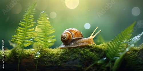 close up of a snail travels through the forest with a plant, generative AI