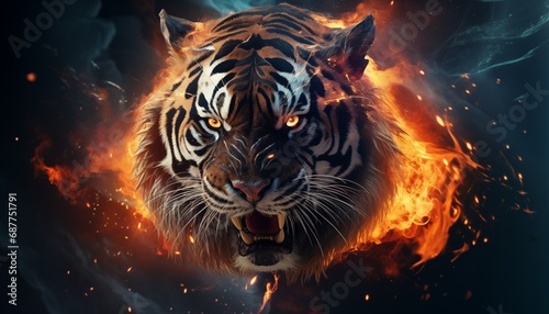 Image of an angry demon tiger terrifying with flames and smoke on dark background. Wildlife Animals. Illustration,