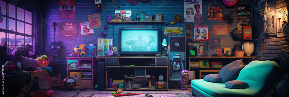 Vintage 90s nostalgia with a retro gaming setup and fashion in a teenager's room - obrazy, fototapety, plakaty 